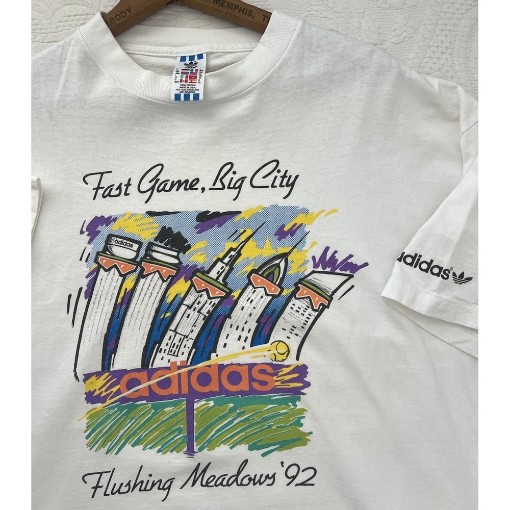 VTG 1992 Adidas US Open Flushing Meadows NY Tennis White T-Shirt XL Twin Towers